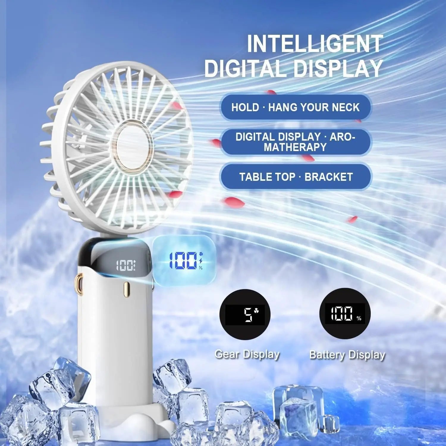Handheld Mini Fan 1800Mah Foldable Portable Desk Outdoor Neck Hanging 5 Speed USB Rechargeable Fan Phone Stand Display Screen