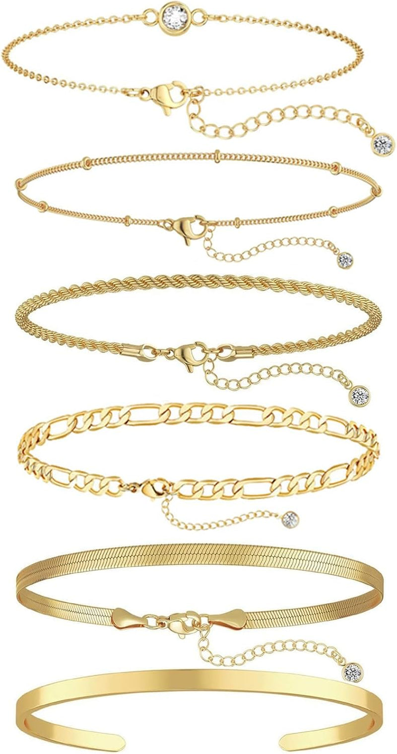 6Pcs Gold Bracelet Set, 21Cm Adjustable Link Charm Bracelet Set, 14K Gold Plated Stacking Bracelets, Waterproof Rust-Proof Layered Metal Link Bracelet, for Clothing Matching, Wedding Party, Gifts