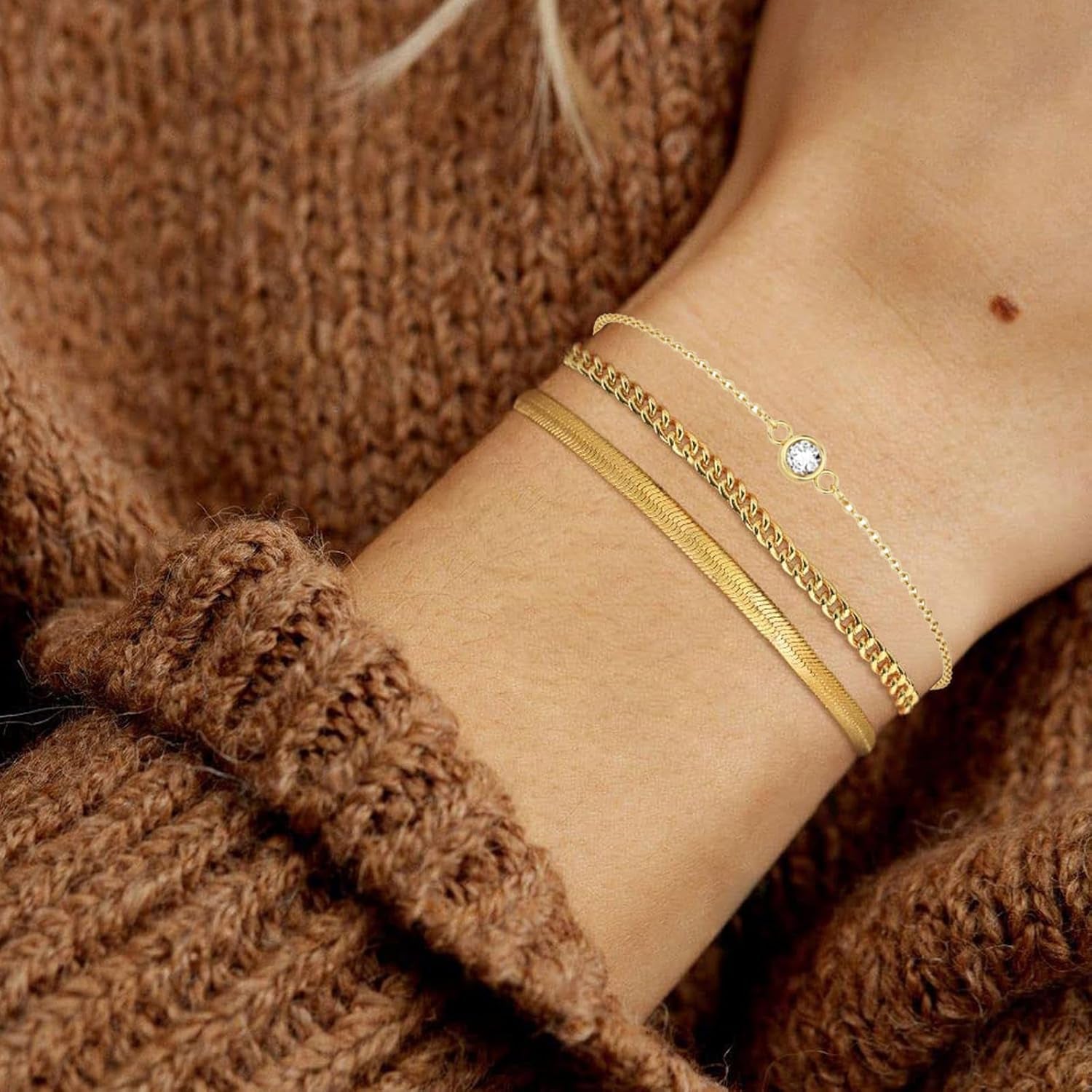 6Pcs Gold Bracelet Set, 21Cm Adjustable Link Charm Bracelet Set, 14K Gold Plated Stacking Bracelets, Waterproof Rust-Proof Layered Metal Link Bracelet, for Clothing Matching, Wedding Party, Gifts