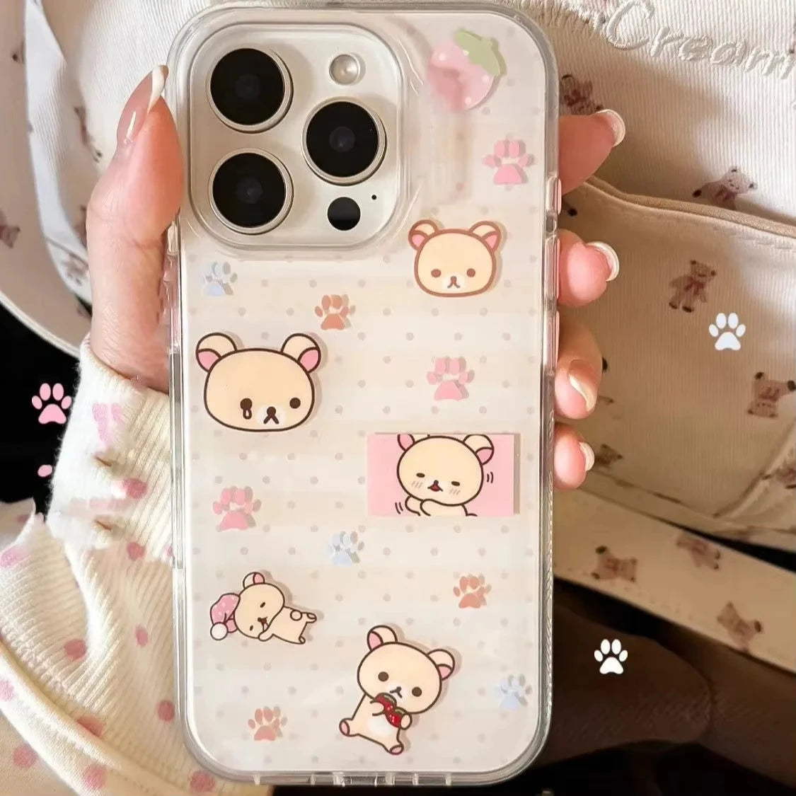 Cute Strawberry R-Rilakkuma Phone Case for Iphone 16 15 14 13 12 11 Pro Max 7 8 plus XR XS Max Shockproof White Background Cover