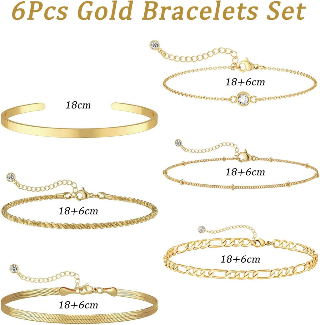 6Pcs Gold Bracelet Set, 21Cm Adjustable Link Charm Bracelet Set, 14K Gold Plated Stacking Bracelets, Waterproof Rust-Proof Layered Metal Link Bracelet, for Clothing Matching, Wedding Party, Gifts