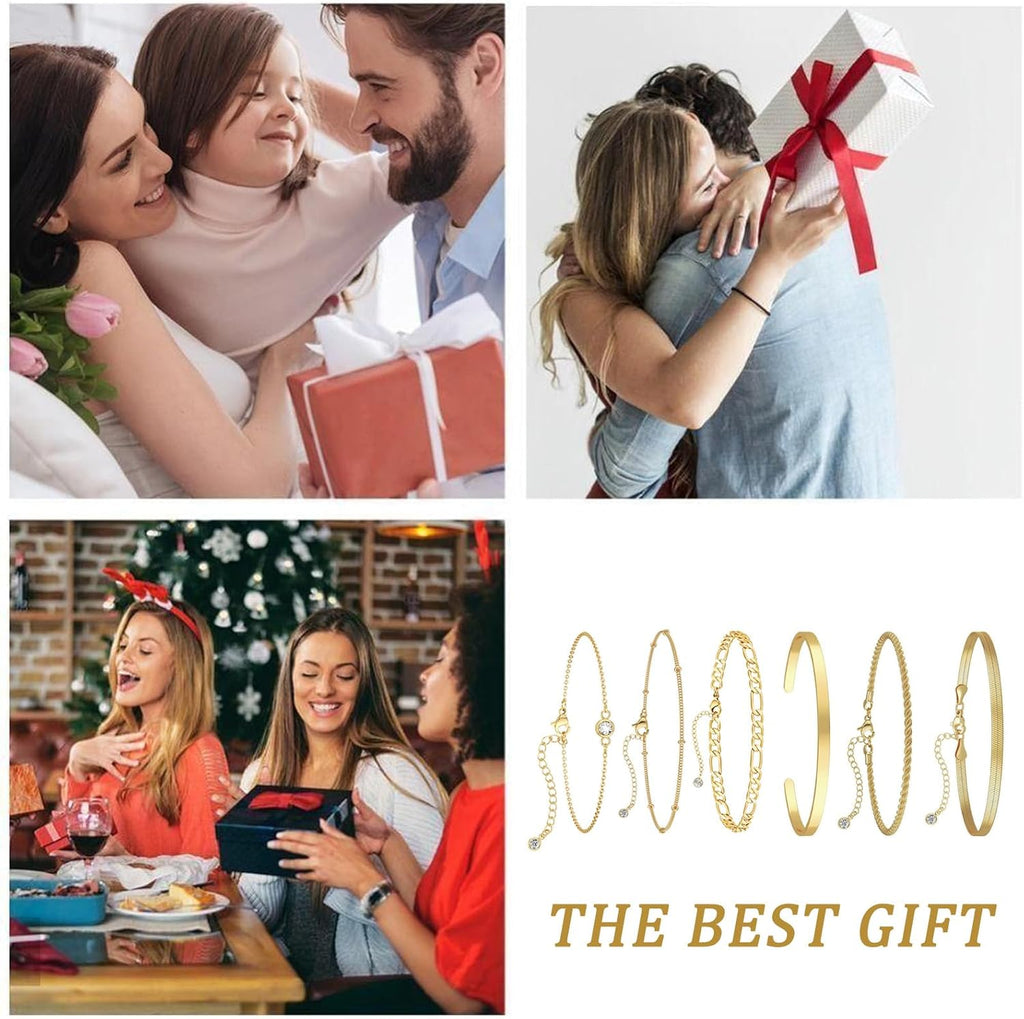 6Pcs Gold Bracelet Set, 21Cm Adjustable Link Charm Bracelet Set, 14K Gold Plated Stacking Bracelets, Waterproof Rust-Proof Layered Metal Link Bracelet, for Clothing Matching, Wedding Party, Gifts